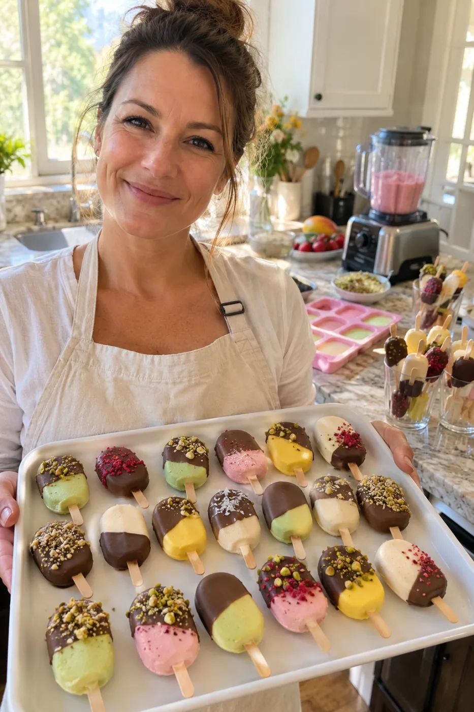 A woman holding a tray of colorful mini gelato bites dipped in chocolate in her home kitchen